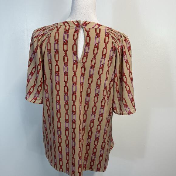 Ann Taylor Blouse Top size Small Khaki Red Pink Chain Print Smocked Stretch - Picture 6 of 7